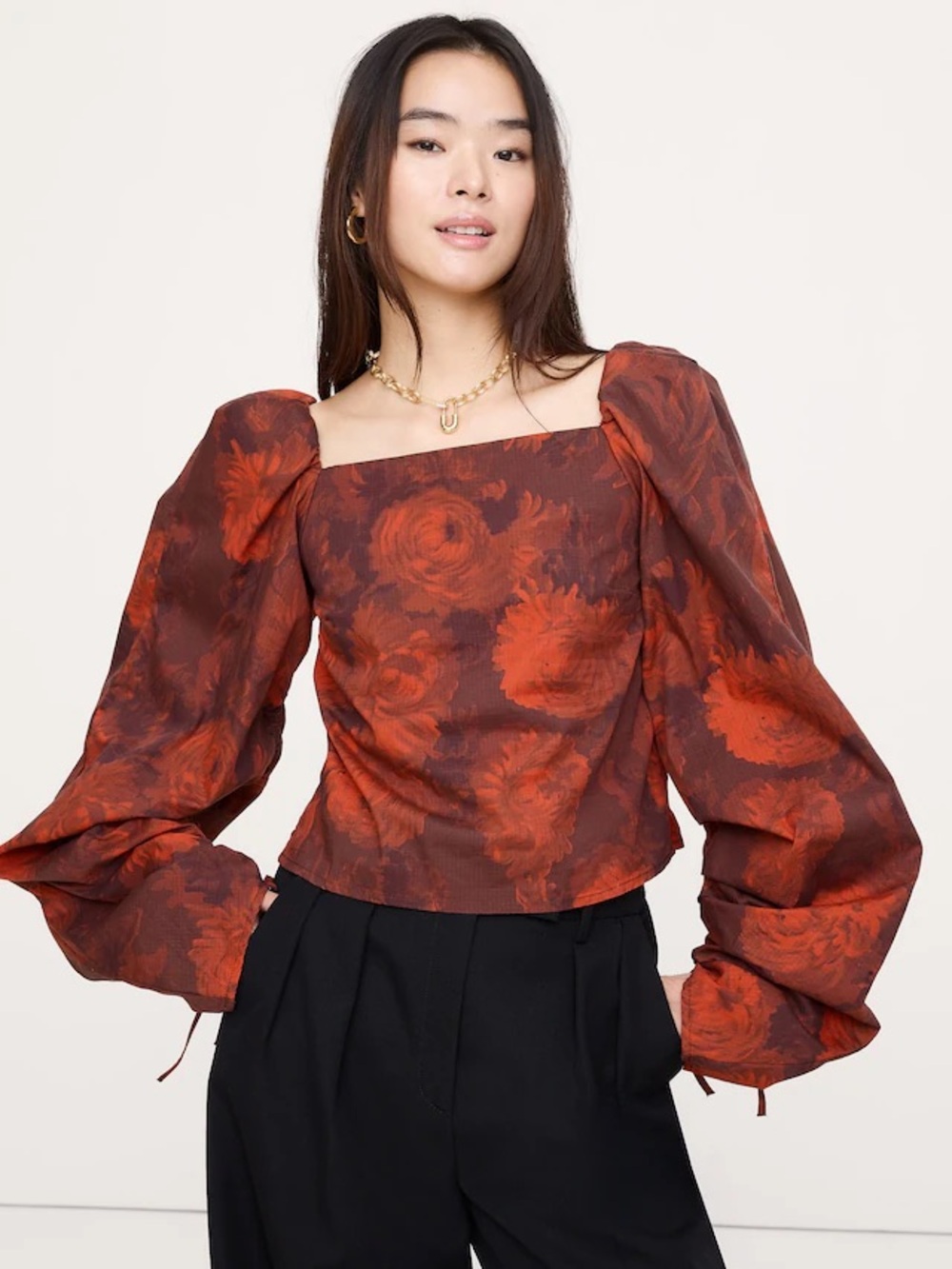 Banana Republic XS Red Floral Billow-Sleeve Stretch Cotton Blouse